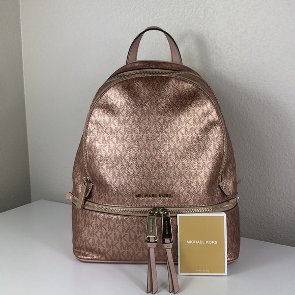 Michael Kors Backpack Women’s Bags Rose Gold MK Logo Print Foil Shimmer - Picture 3 of 17